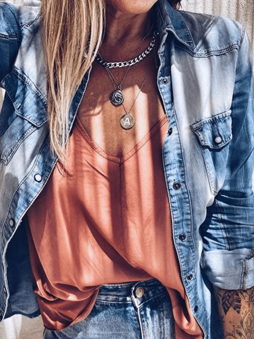 Damen Jeansbluse mit Knöpfen und Kragen Langarm