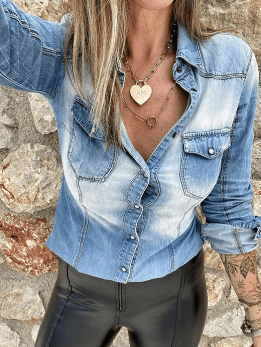 Damen Jeansbluse mit Knöpfen und Kragen Langarm