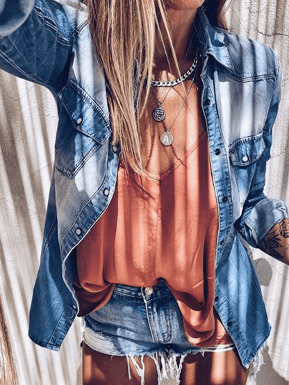 Damen Jeansbluse mit Knöpfen und Kragen Langarm
