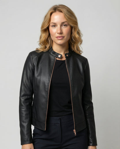 Damen Lederjacke Elegantes Design Schwarz - Eveloria