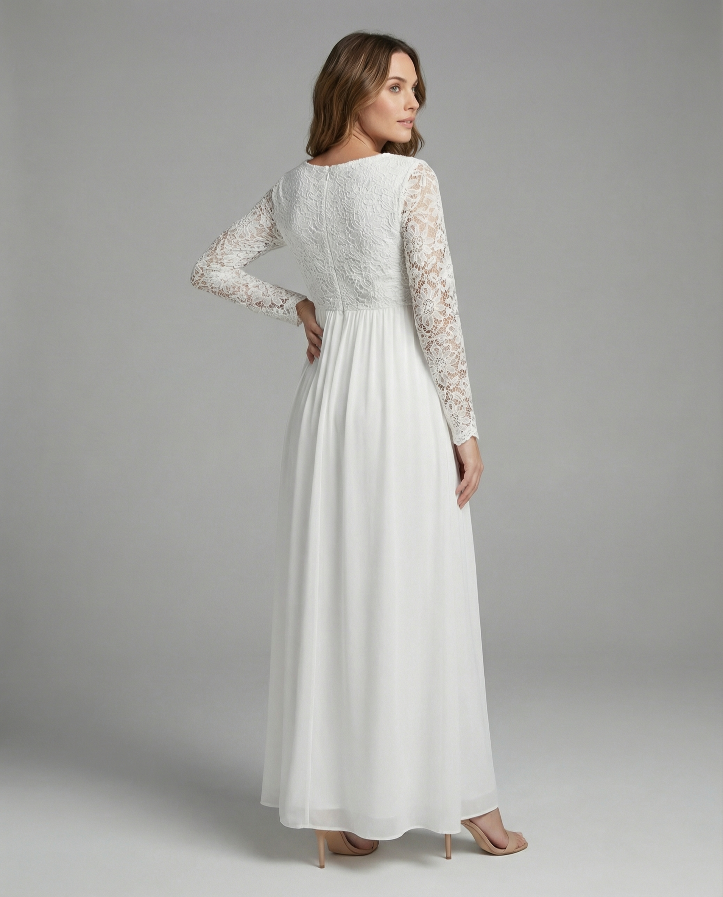 Eveloria Damen Abendkleid Spitze Chiffon Rundhals Lange Ärmel