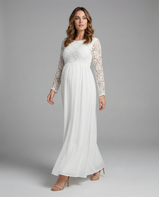 Eveloria Damen Abendkleid Spitze Chiffon Rundhals Lange Ärmel Schwarz - Eveloria