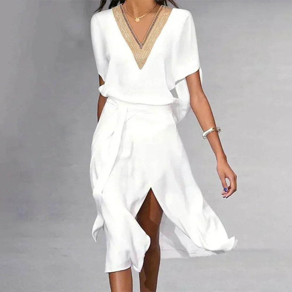 Damen Sommerkleid Midi V-Ausschnitt