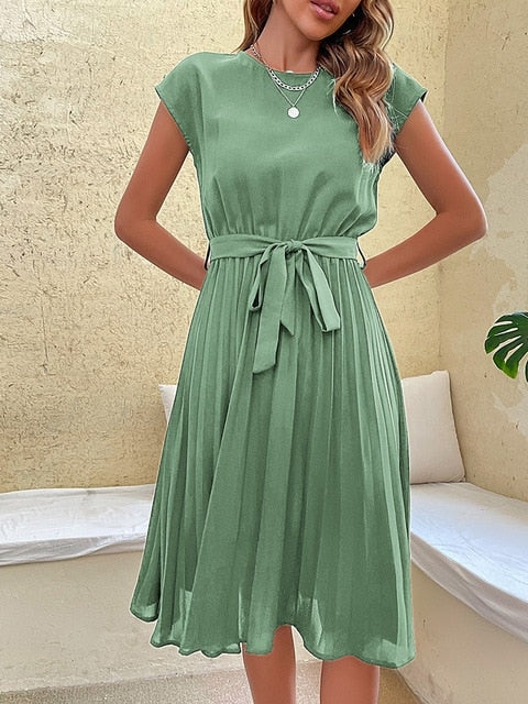 Damen Sommerkleid Kurzarm Knielang mit Taillengürtel und Faltenrock