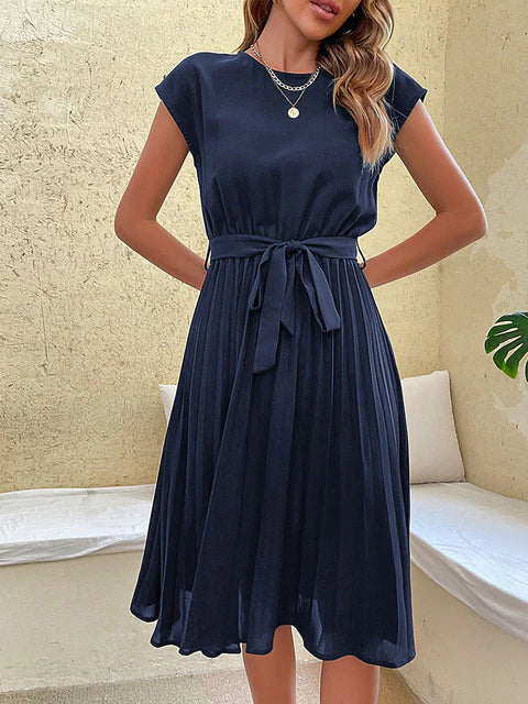 Damen Sommerkleid Kurzarm Knielang mit Taillengürtel und Faltenrock