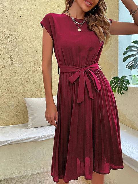 Damen Sommerkleid Midi Kurzarm Rundhalsausschnitt Faltenrock