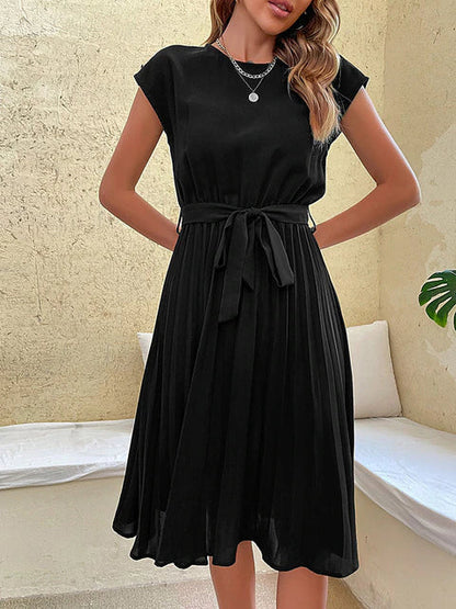 Damen Sommerkleid Kurzarm Knielang mit Taillengürtel und Faltenrock