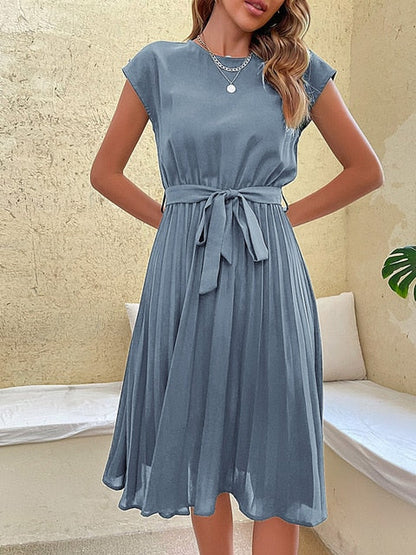 Damen Sommerkleid Kurzarm Knielang mit Taillengürtel und Faltenrock