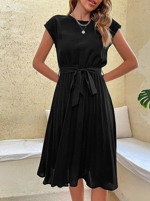 Damen Sommerkleid Midi Kurzarm Rundhalsausschnitt Faltenrock - Eveloria