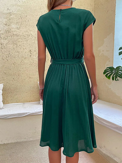 Damen Sommerkleid Kurzarm Knielang mit Taillengürtel und Faltenrock