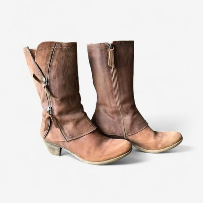 Damen Lederstiefel Reißverschluss Schwarz - Eveloria