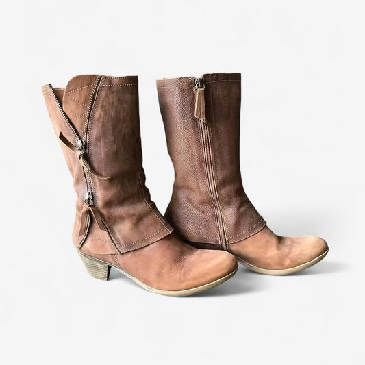 Damen Lederstiefel Reißverschluss Schwarz - Eveloria