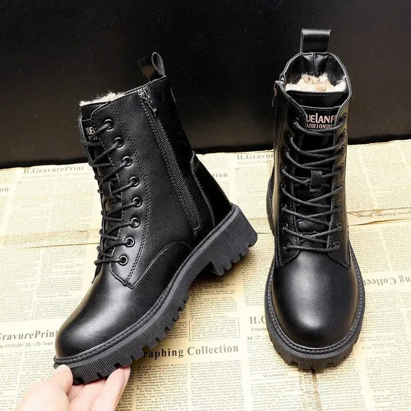 Damen Schnürstiefeletten Leder Warmfutter Rutschfest