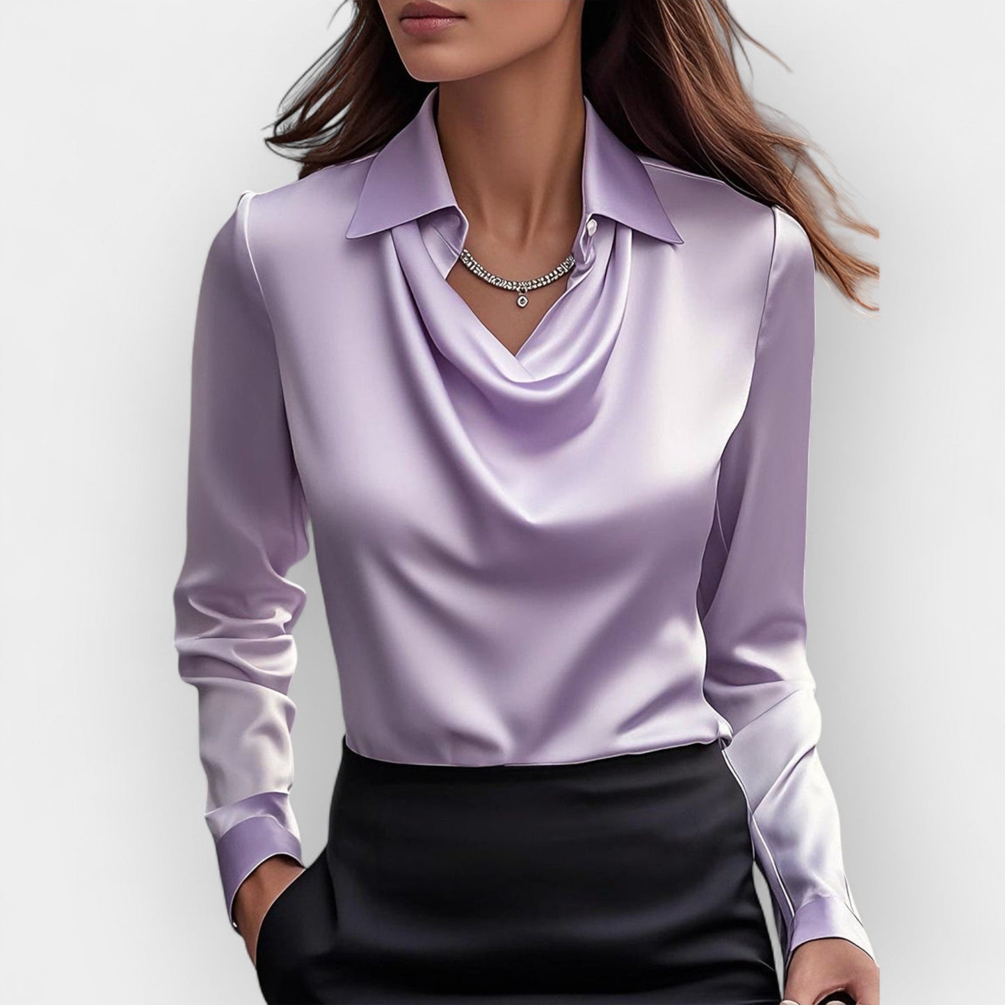 Damen Satinbluse Wasserfallkragen Langarm Eleganz
