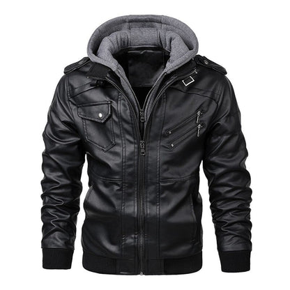Herren Lederjacke Street Style Kapuze Reißverschlusstaschen Schwarz - Eveloria