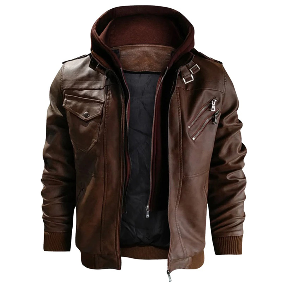 Herren Lederjacke Street Style Kapuze Reißverschlusstaschen