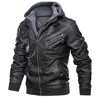 Herren Lederjacke Street Style Kapuze Reißverschlusstaschen