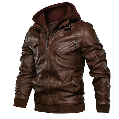Herren Lederjacke Street Style Kapuze Reißverschlusstaschen