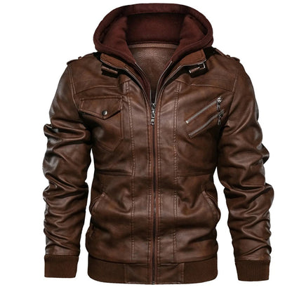 Herren Lederjacke Street Style Kapuze Reißverschlusstaschen