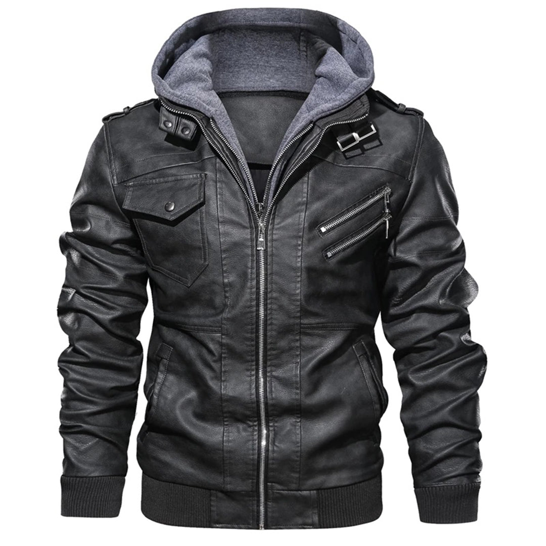 Herren Lederjacke Street Style Kapuze Reißverschlusstaschen