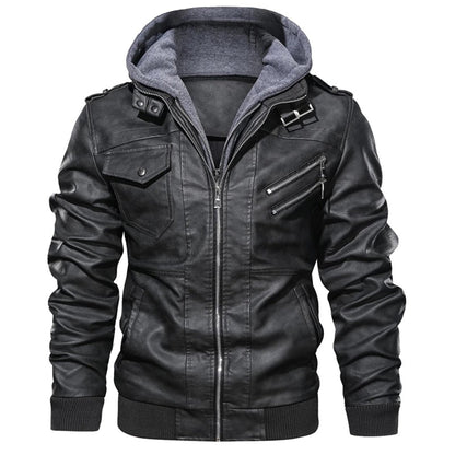 Herren Lederjacke Street Style Kapuze Reißverschlusstaschen