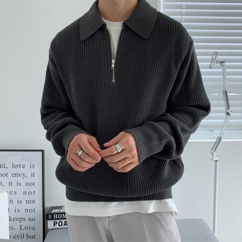 Herren Strickpullover Halb-Reißverschluss Warmer Stehkragen Beige - Eveloria