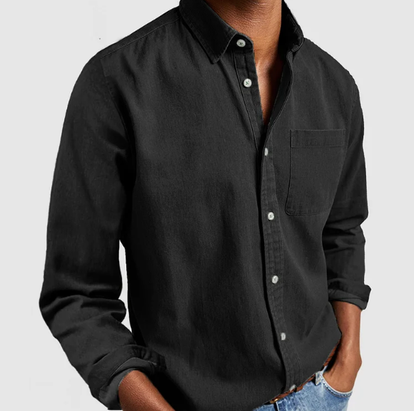 Jeanshemd | Lässig | Langarmhemd mit Knöpfen | Herrenbekleidung-Schwarz-S-Chaps Herrenmode