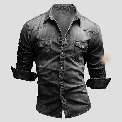 Jeanshemd – Slim Fit – Langarm – Jeanshemd – Herrenhemd mit Knöpfen-Dunkelgrau-M-Chaps Herrenmode
