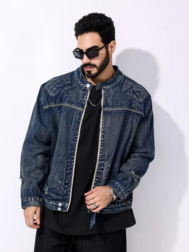 Jeansjacke – Dunkelblaue Jeansjacke mit Reißverschluss für Männer-Chaps Herrenmode