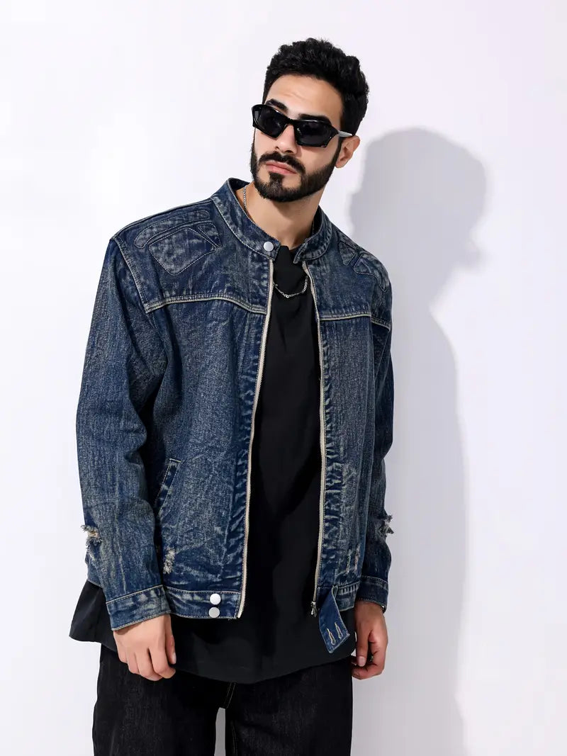 Männer Jeansjacke Dunkelblau Reißverschluss - Eveloria