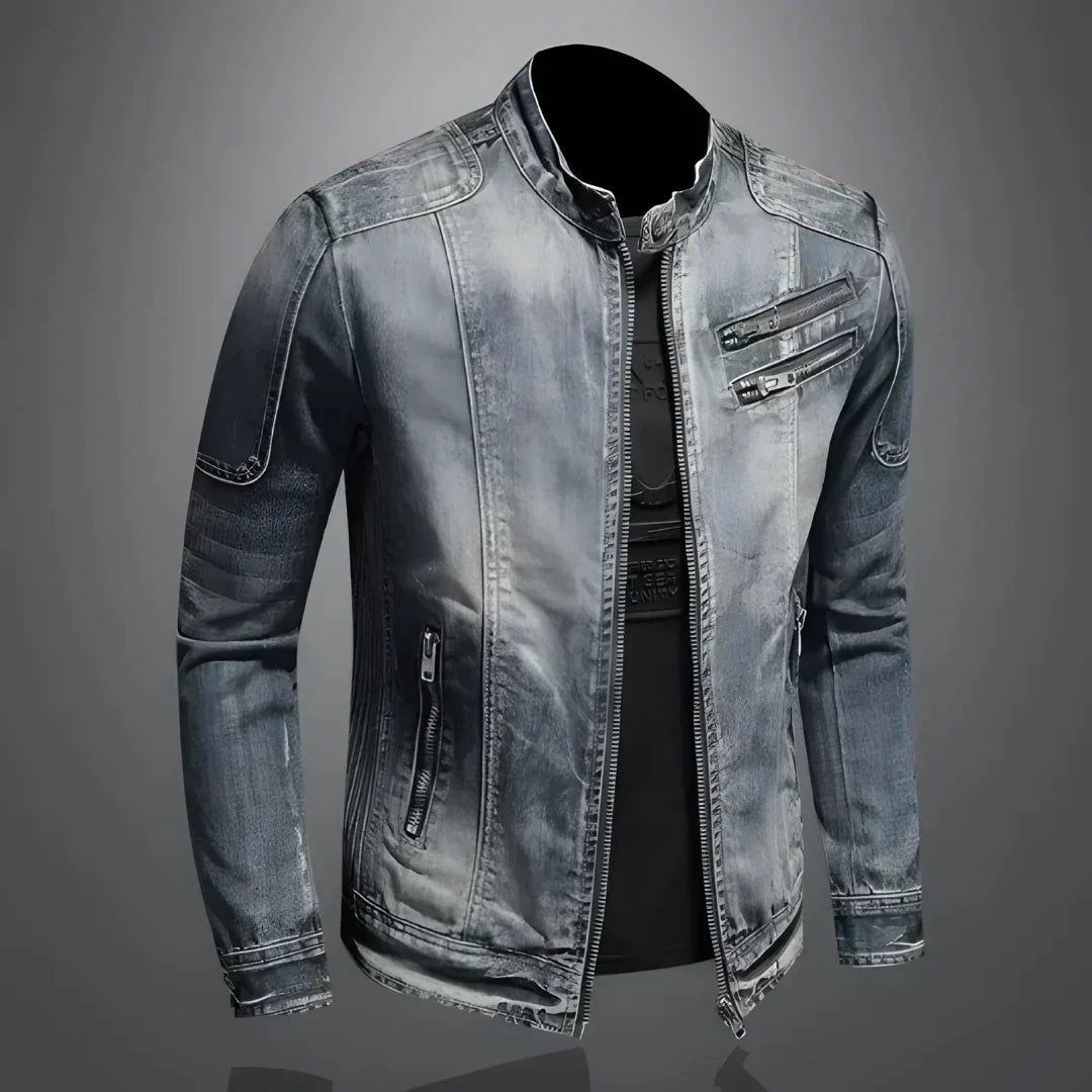 Herren Jeansjacke Schmal Geschnitten Reißverschluss Blau - Eveloria