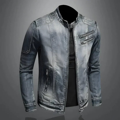 Herren Jeansjacke Schmal Geschnitten Reißverschluss Blau - Eveloria