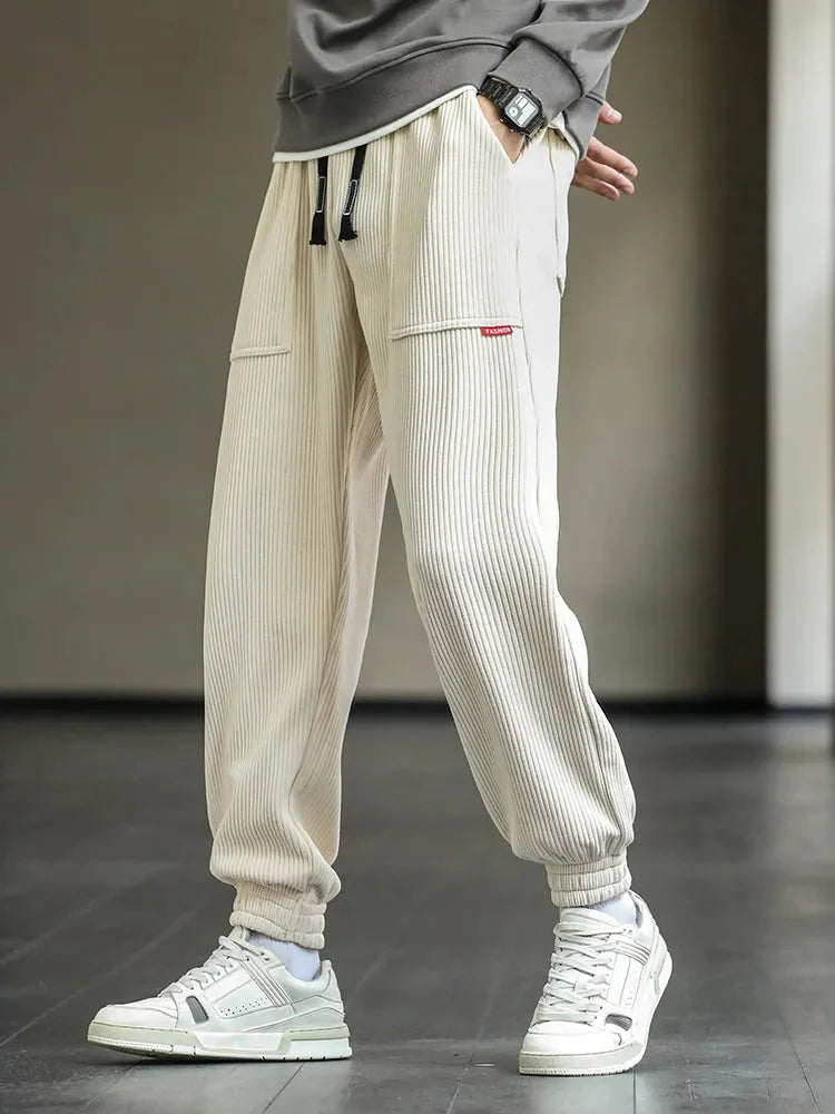 Jogger - Herren Drawstring Loose Fit Baggy Cordhosen-Beige-M-Chaps Herrenmode