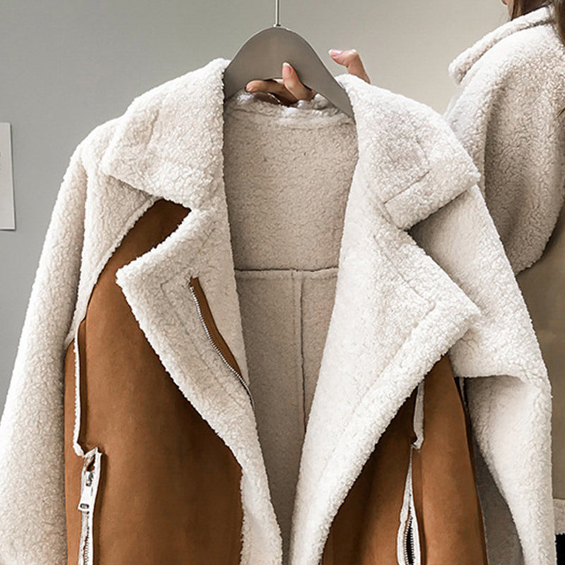 Damen Teddy-Mantel Weicher Plüsch Oversize Beige