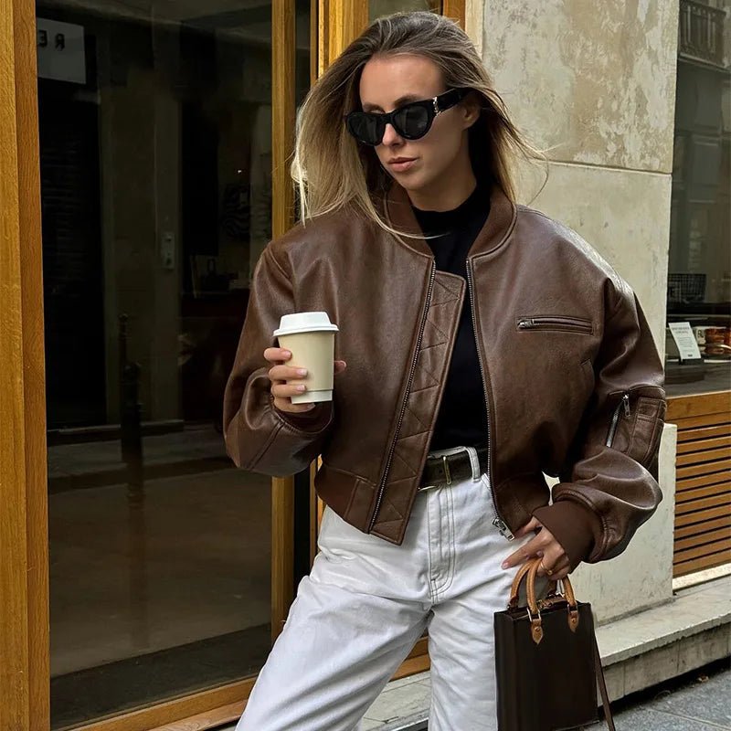 Damen Kurzjacke Lederoptik Braun Reißverschluss - Eveloria