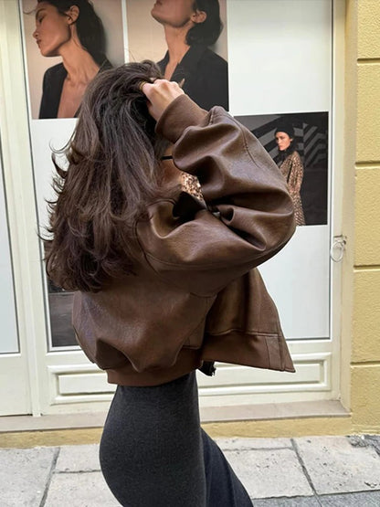 Damen Kurzjacke Lederoptik Braun Reißverschluss