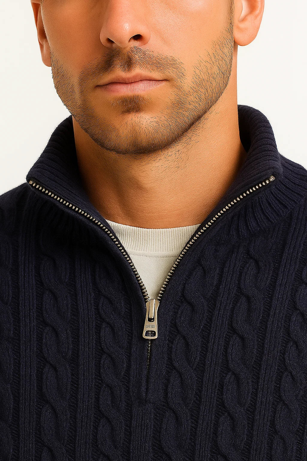 Herren Frühlingspullover Zopfmuster Reißverschluss Kragen Beige