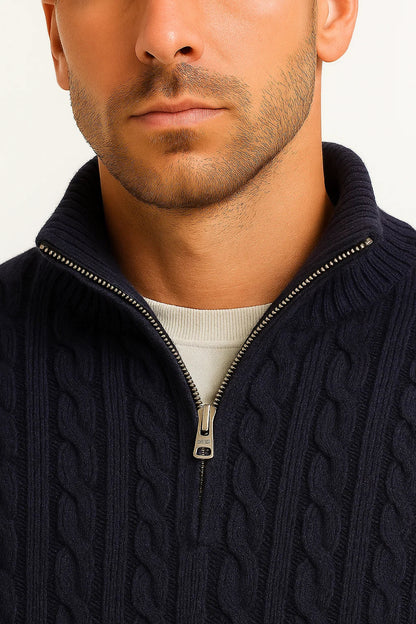 Herren Frühlingspullover Zopfmuster Reißverschluss Kragen Beige