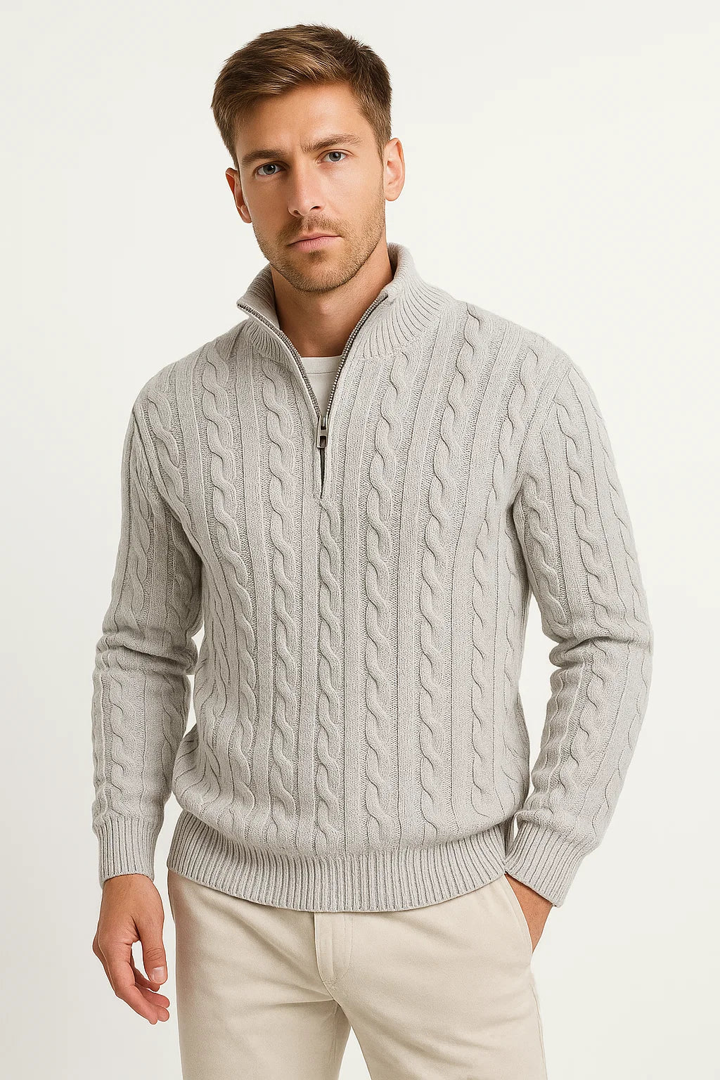 Herren Frühlingspullover Zopfmuster Reißverschluss Kragen Beige