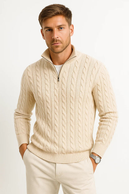 Herren Frühlingspullover Zopfmuster Reißverschluss Kragen Beige