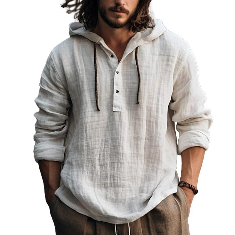 Herren Leinen Kapuzenpullover Locker Geschnitten Durchgeknöpft Beige - Eveloria