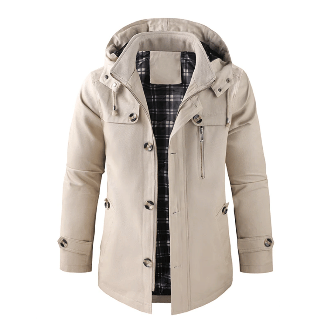 Kapuzenjacke - Winddichte einreihige Jacke mit Reißverschluss für Männer-Beige-S-Chaps Herrenmode