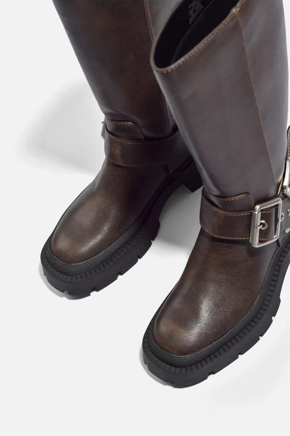 Damen Biker-Reitstiefel Robust Leder