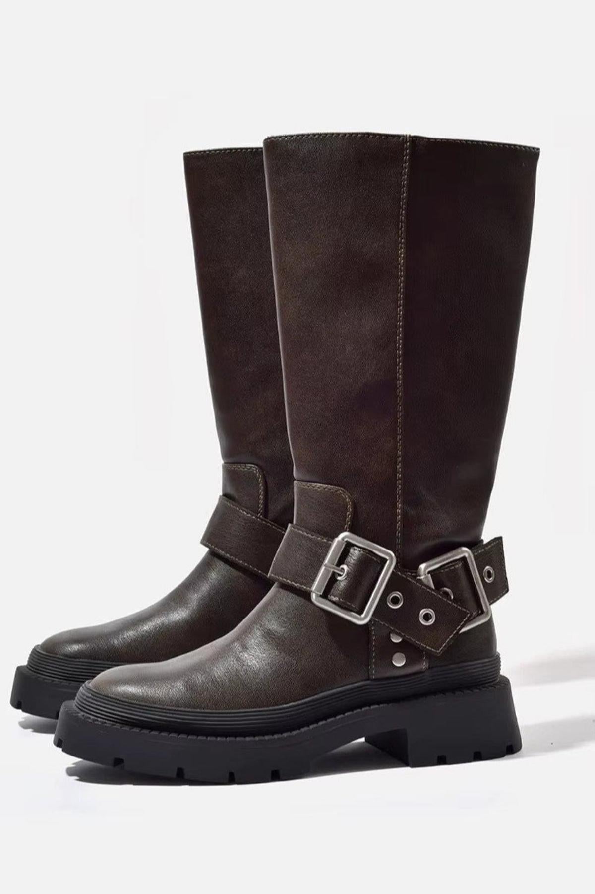 Damen Biker-Reitstiefel Robust Leder Schwarz - Eveloria
