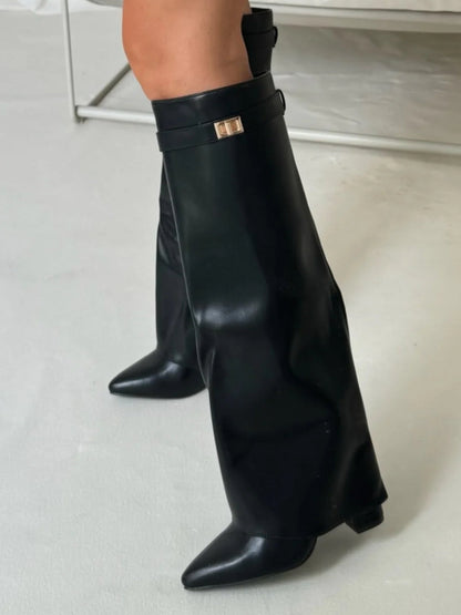Kniehohe Stiefel – Damenstiefel aus Wildlederimitat mit spitzer Zehenpartie und Absatz-Chaps Herrenmode