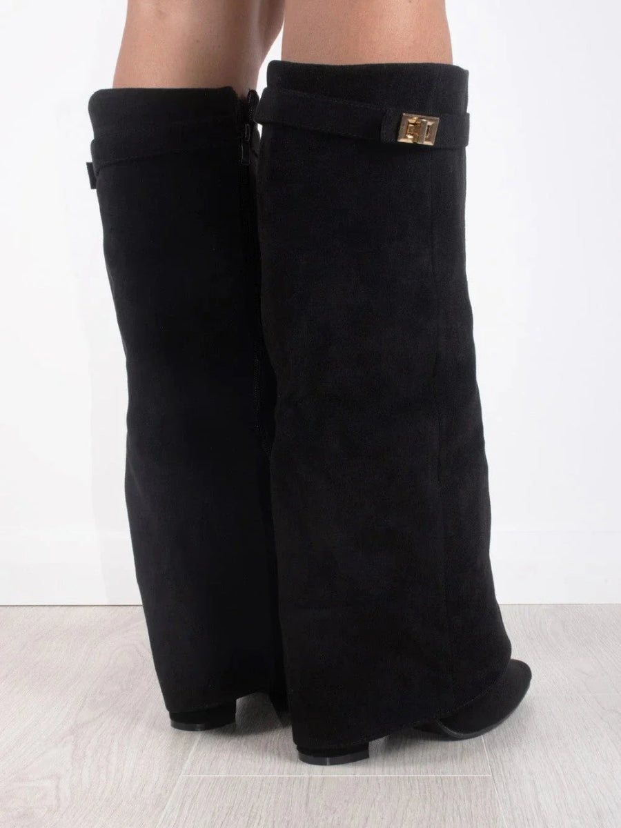 Kniehohe Stiefel – Damenstiefel aus Wildlederimitat mit spitzer Zehenpartie und Absatz-Chaps Herrenmode