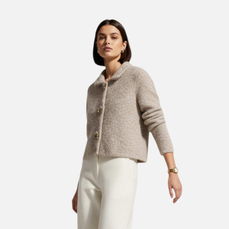 Damen Strickjacke Hüftlang Florale Knöpfe Beige - Eveloria