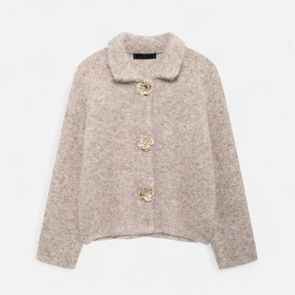 Damen Strickjacke Florale Knöpfe Hüftlänge