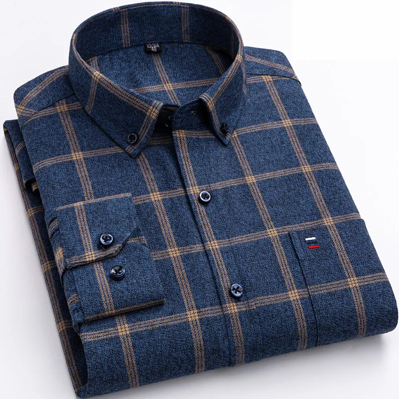 Knopfleiste-Hemd – Herrenhemd mit Kragen und langen Ärmeln mit Karomuster-Marineblau-XS-Chaps Herrenmode