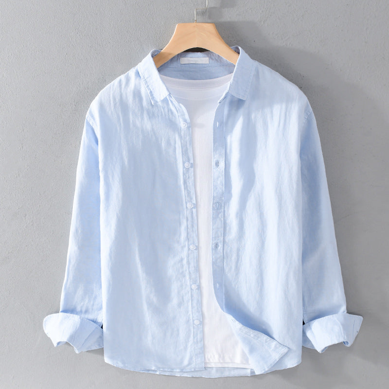 Knopfleiste | Leicht | Langarm | Leinenhemd | Herrenhemd-Blau-S-Chaps Herrenmode
